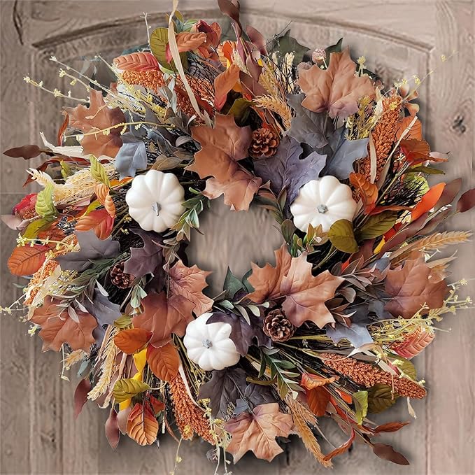 24 Inch Fall Wreath with White Pumpkins,Grains, and Maple Leaves