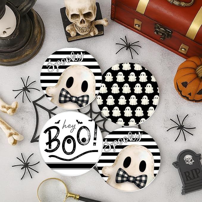 Set of 6 Halloween Hey Boo Black &amp; White Ceramic Stone Drink Coasters with Cork Base and Metal Holder