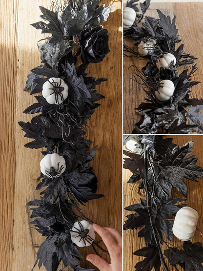 Black Maple Leaf Garland w/ White Pumpkins and Creepy Black Spiders