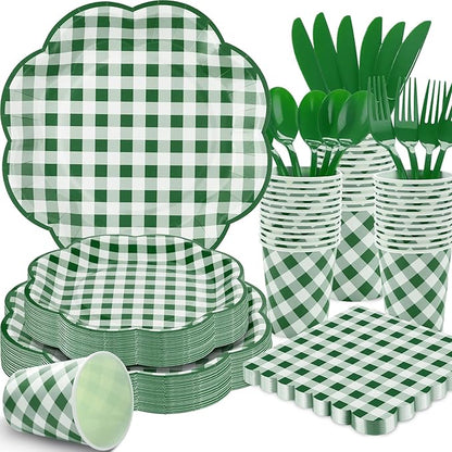 350 Piece Green Gingham Plates and Napkins Party Supplies for 50