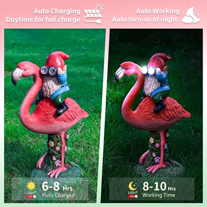 Solar Flamingo Gnome Garden Statue