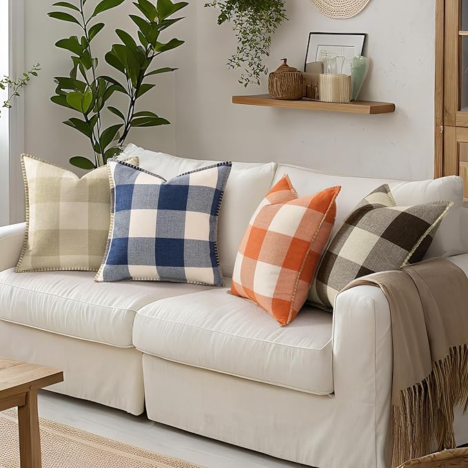 Set of 2 Buffalo Plaid Check Fall Throw Pillow Covers - 24x24, Beige