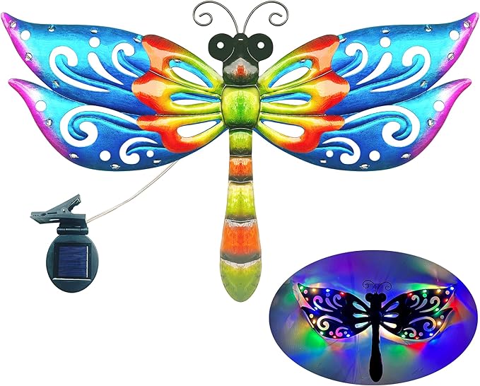 Solar Dragonfly Wall Art - 12 inch with Color Changing LED Lights