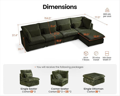 Oversized Modular Sectional with Chaise - Green Corduroy