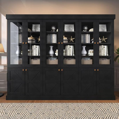 Farmhouse Bookcase with Glass Doors, Set of 3 – Black