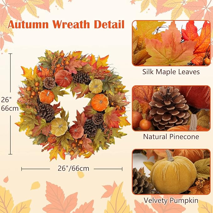 Extra Large 26 inch Autumn Wreath with Velvet Pumpkins, Natural Pine Cones, &amp; Maple Leaves - Metal Hook Included
