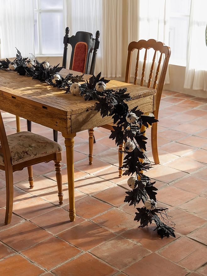 Black Maple Leaf Garland w/ White Pumpkins and Creepy Black Spiders