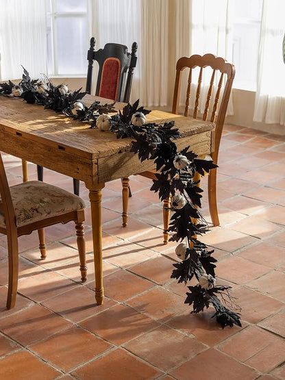 Black Maple Leaf Garland w/ White Pumpkins and Creepy Black Spiders