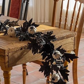 Black Maple Leaf Garland w/ White Pumpkins and Creepy Black Spiders