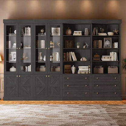Tall Farmhouse Bookshelves with Glass Doors and Drawers, 2 Styles, Set of 4 – 2 of Each, Black