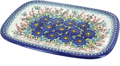 Blue Rose Polish Pottery Large Rectangular Serving Platter - Garden of Blue