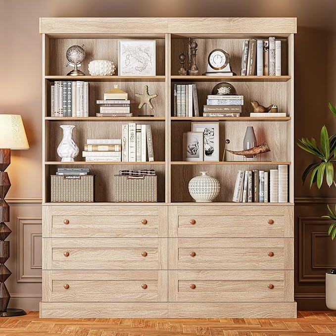 Farmhouse Bookshelves with Drawers, Set of 2 – Natural