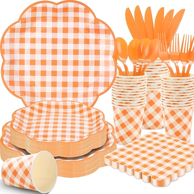 350 Pcs Orange and White Gingham Party Supplies - Serves 50