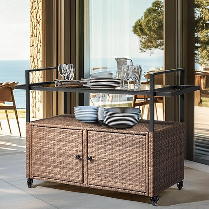 Wicker Outdoor Serving Cart with Storage and Wheels - Medium Brown