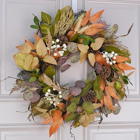 24" Fall Wreath - Handmade with Autumn Leaves, Pinecones, Berries and Wheat