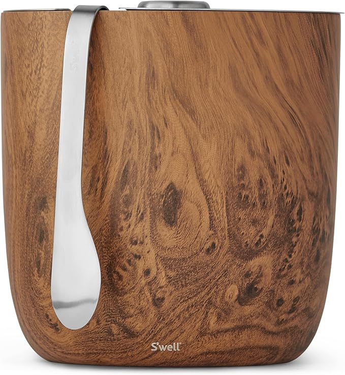 S’well Stainless Steel Ice Bucket with Tongs - 68oz Capacity, Teakwood Finish