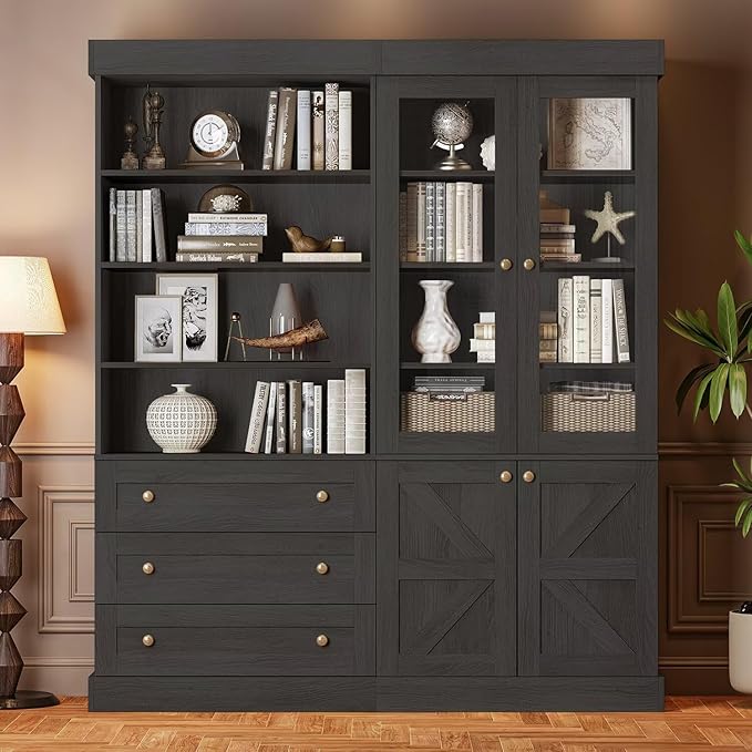 Tall Farmhouse Bookshelves with Glass Doors and Drawers, 2 Styles, Set of 4 – 2 of Each, Black