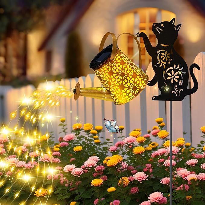 Cat With Watering Can/Cascading Lights - Solar, Waterproof