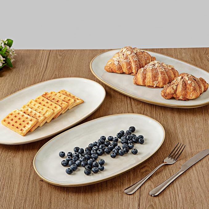 3 Piece Oval Stonware Serving Trays - Cappuccino White