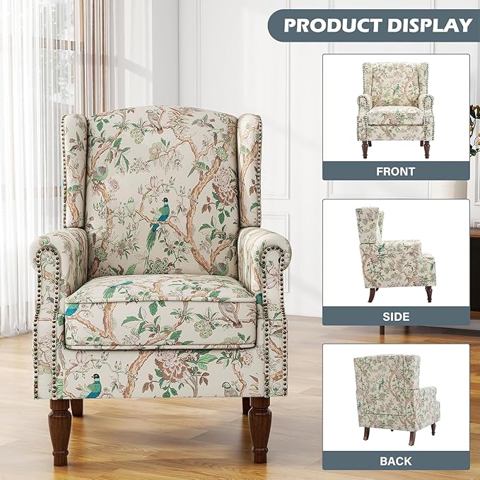 Retro Printed Wingback Arm Chair - Bird Pattern
