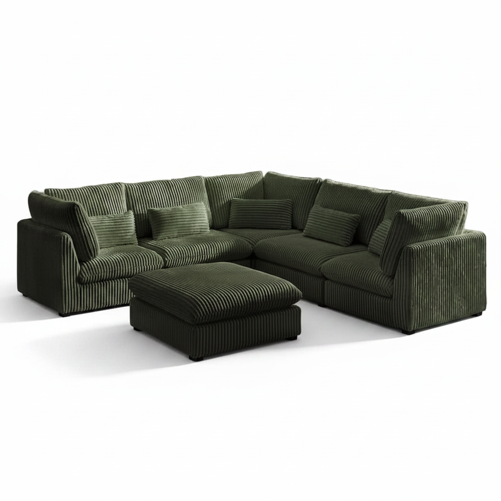 Oversized Modular Corduroy Sectional with Ottoman in Green