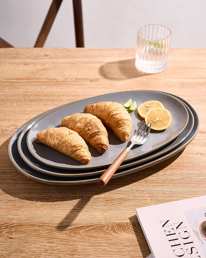 Set of 3 Fine Stonware Oval Serving Trays - Gray
