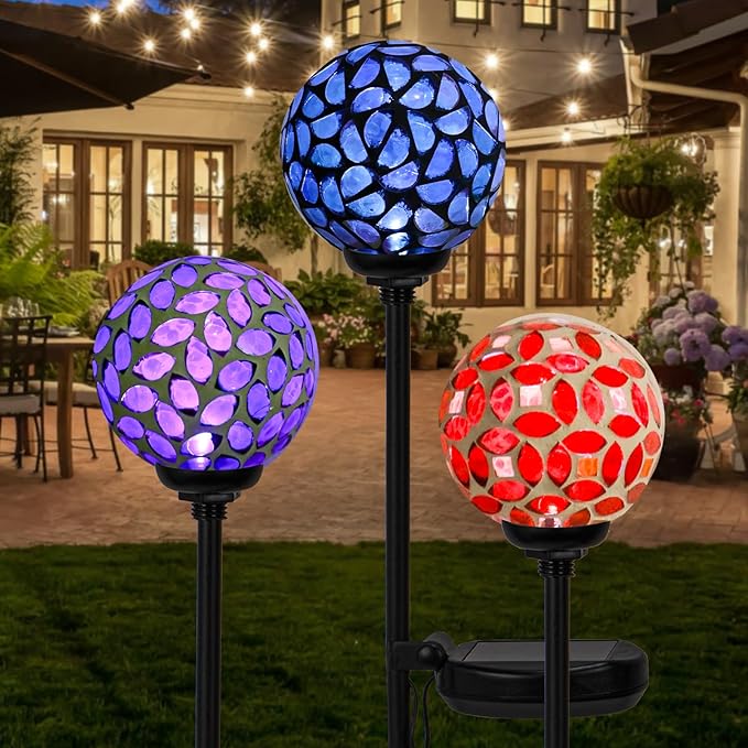 Mosaic LED Solar Lights, 3 Pack - Blue/Purple/Red