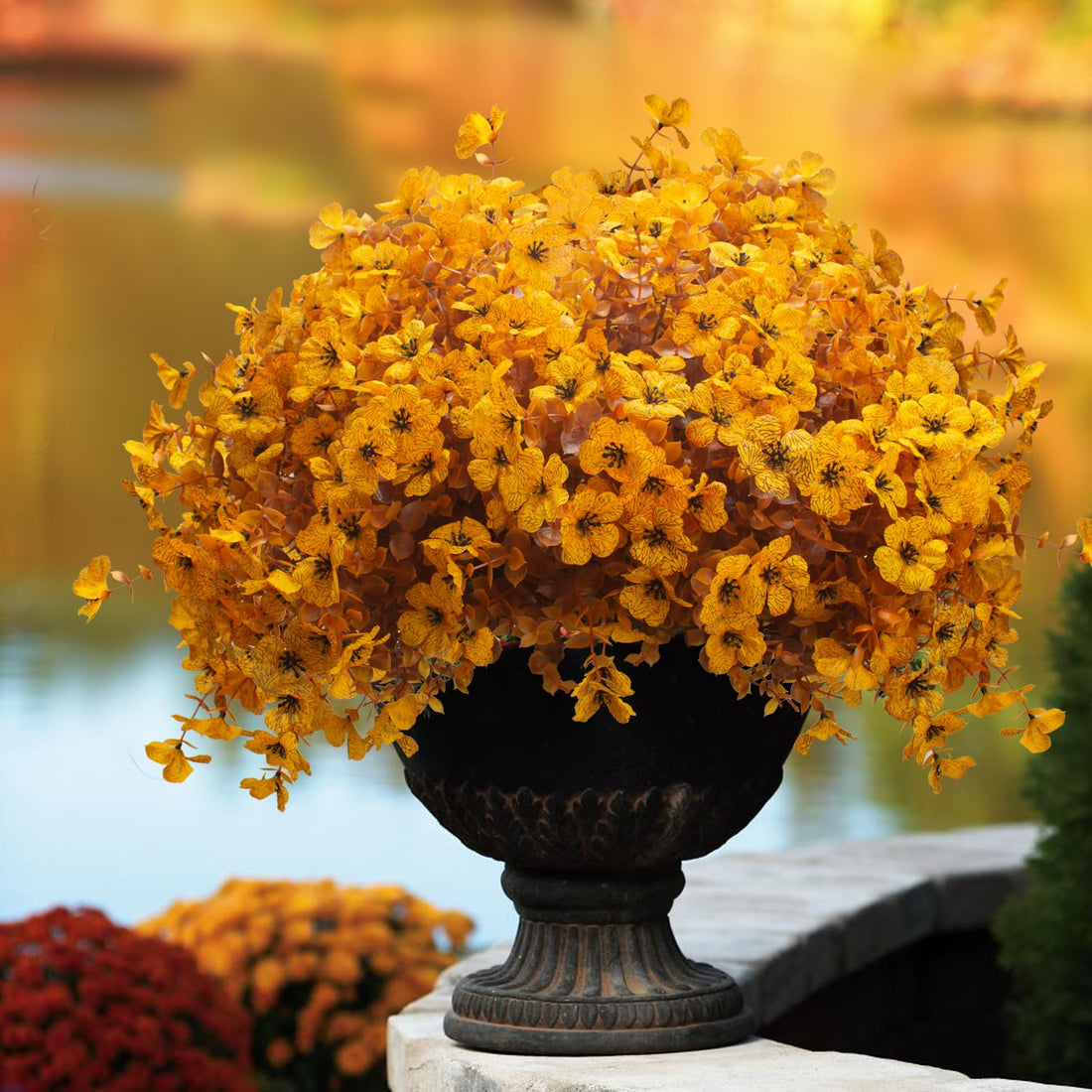 Yellow Grunyia Artificial Fall Mums - UV Resistant, 16 Bundles, 13.5"