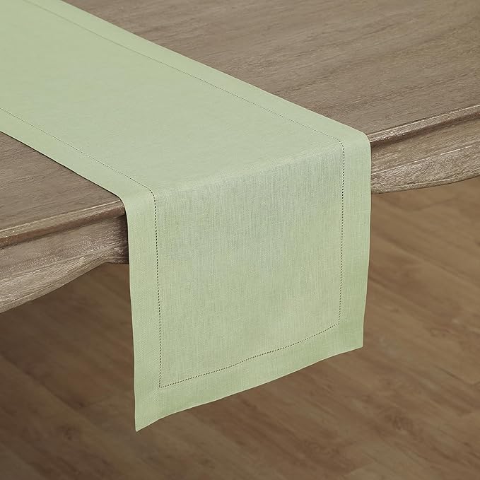 100% Pure Linen Hemstitch Table Runner 14 x 60 Inch - Sagie Green