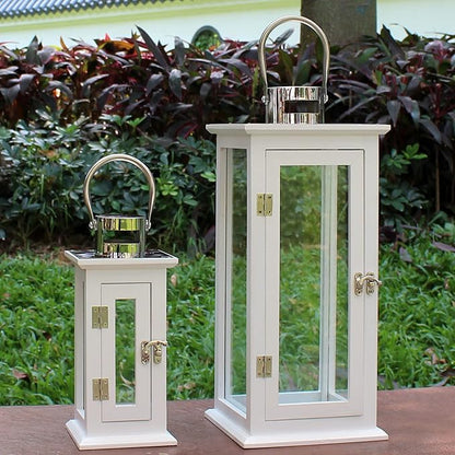 Set of 2 Wood Hurricane Candle Lanterns in White