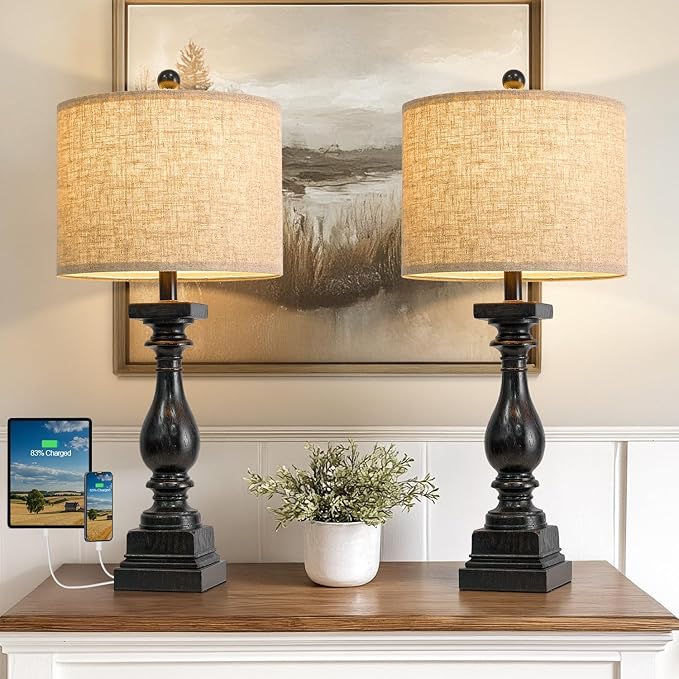 Set of 2 Traditional Farmhouse Table Lamps with USB A + C Charging Ports - Black