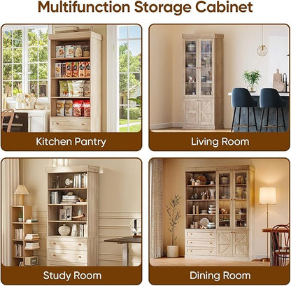 Tall Farmhouse Bookcase with Glass Doors, Set of 4 – Natural