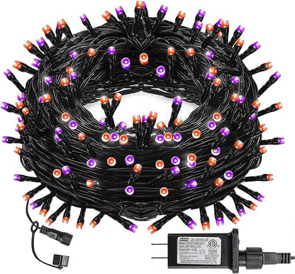 Halloween 300 LED String Lights with 8 Lighting Modes - Indoor/Outdoor, Orange + Purple