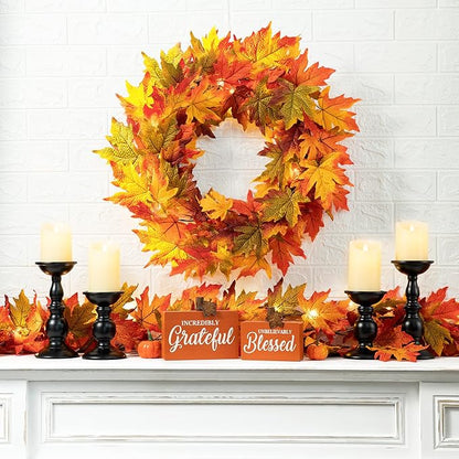 24 Inch Pre-lit Maple Leaf Wreath with Timer