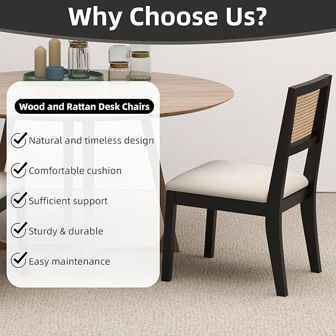 Black Rattan Dining Chairs with Upholstered Cushions - Set of 6