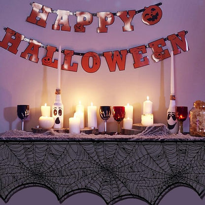 Black Spiderweb Lace Fireplace Mantle Scarf Cover/Table Cloth - 2 Piece Set