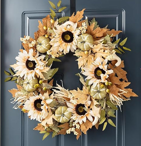 24 inch Fall Wreath with Black Metal Hanger - Cream Sunflower, Green Pumpkin, Brown Maple  Leaf &amp; Golden Berries