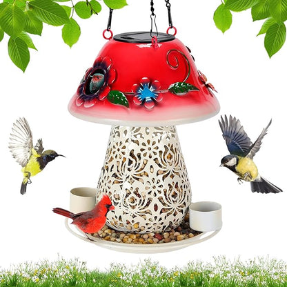 Mushroom Solar Bird Feeder - Red