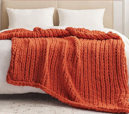 Chunky Knit Throw Blanket - Burnt Orange 60 x 80 inch