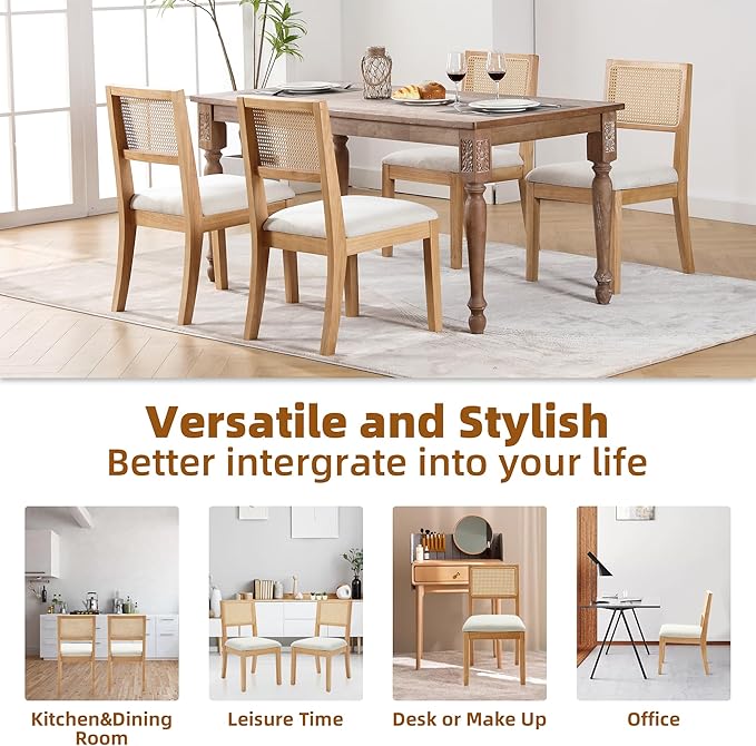 Natural Rattan Dining Chairs - Set of 2, Farmhouse Natural Dining Room Chairs with Upholstered Cushion, Wood Armless Chairs for Kitchen/Restaurant