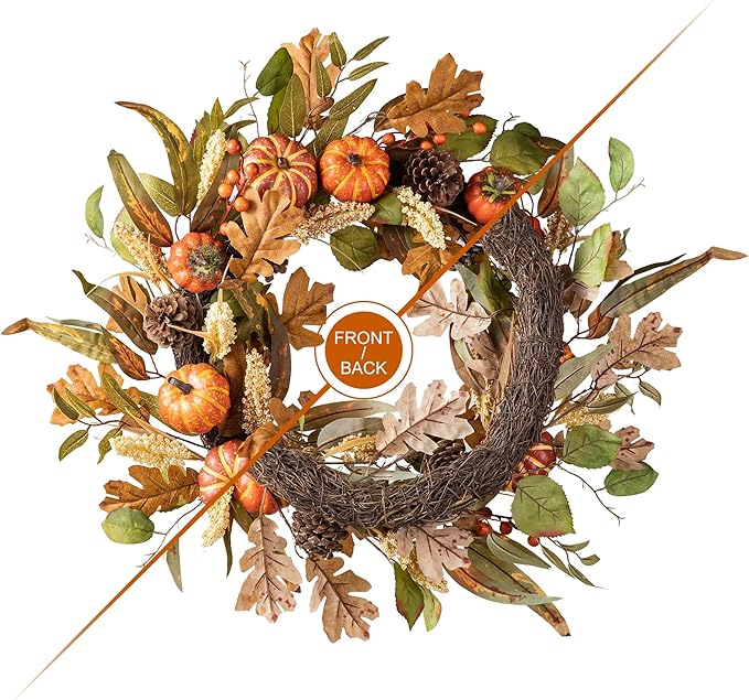 24 inch Fall Wreath with Orange Pumpkins, Natural Pinecones and Green/Brown Leaves