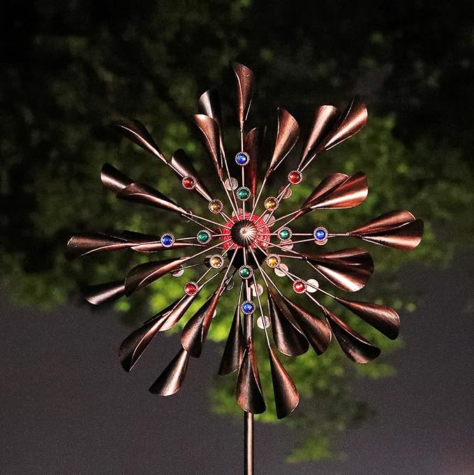 Large Copper Kinetic Wind Spinner - 79 inch with Solar LED Light