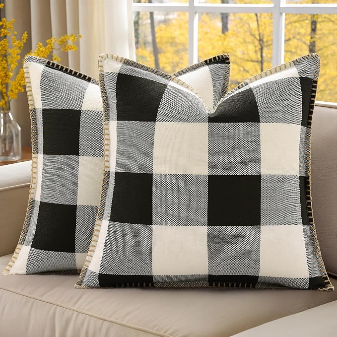 Set of 2 Buffalo Plaid Check Throw Pillow Covers - 20x20, Black