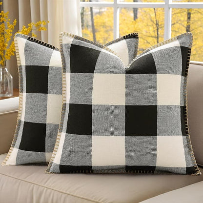 Set of 2 Buffalo Plaid Check Throw Pillow Covers - 20x20, Black