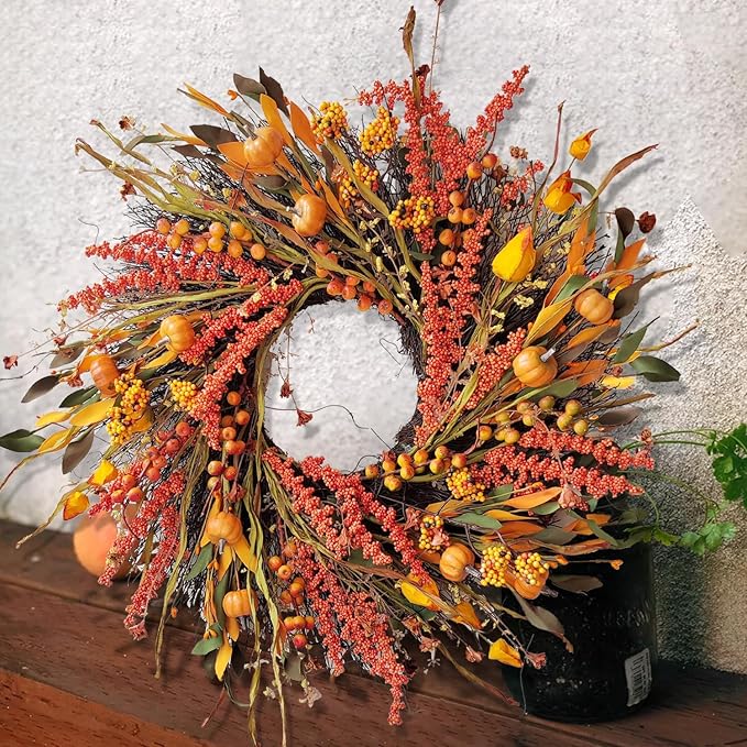 24 inch Fall Wreath with Mini Pumpkins, Hawthorn,Grain,Lantern Fruit,Berries &amp; Eucalyptus Leaves