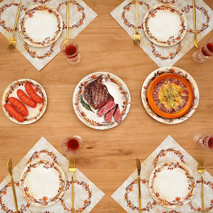 200 Pcs Fall Paper Plates and Napkins - Serves 50 Guests