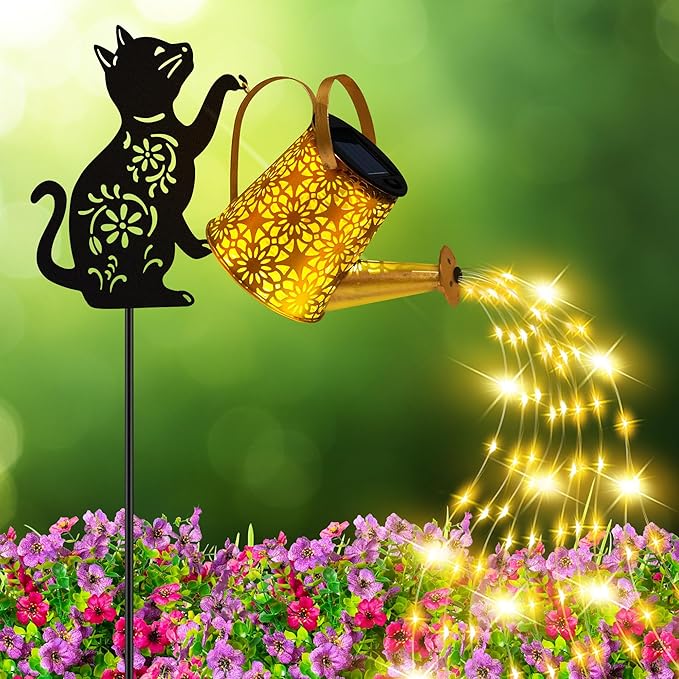 Cat With Watering Can/Cascading Lights - Solar, Waterproof