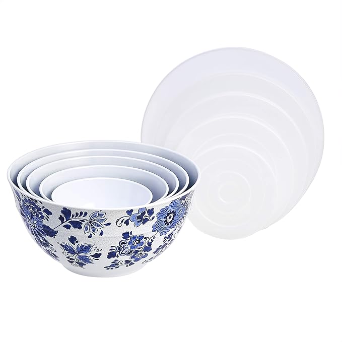 Blue and White Floral Nesting Melamine Bowls w/ Lids - 10 Pc Set