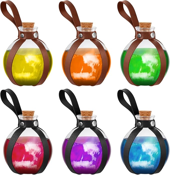 Set of 6 Medieval-Style Glass Potion Bottles with Faux Leather Strap - 8.5 oz