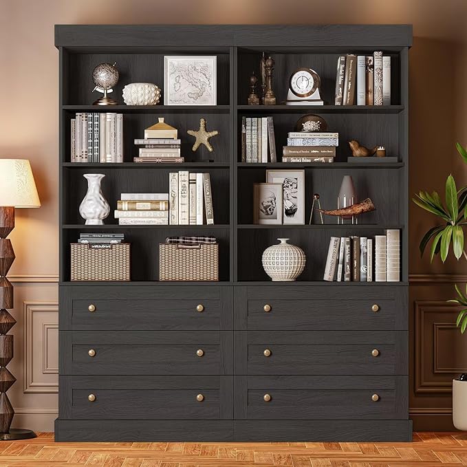 Tall Farmhouse Bookcase with Drawers, Set of 4 – Black